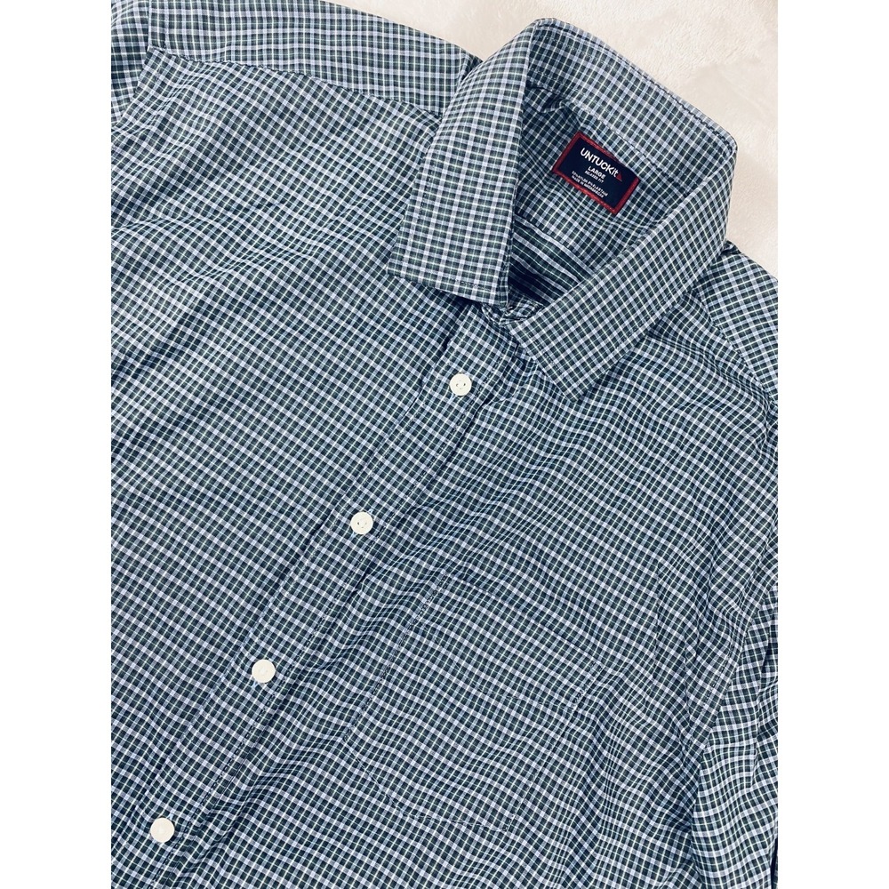NWOT UNTUCKit Button Up Shirt L Blue Tattersall‎ Plaid 100% Cotton Wrinkle Free